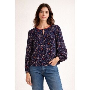 BODEN Womens Blouse Shirt Top Size 6 Blue Floral Bird Print Long Sleeve Pullover